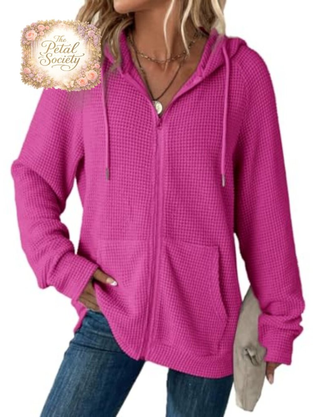 Waffle Knit Full Zip Hoodie Long Sleeve Sweatshirt Oversized